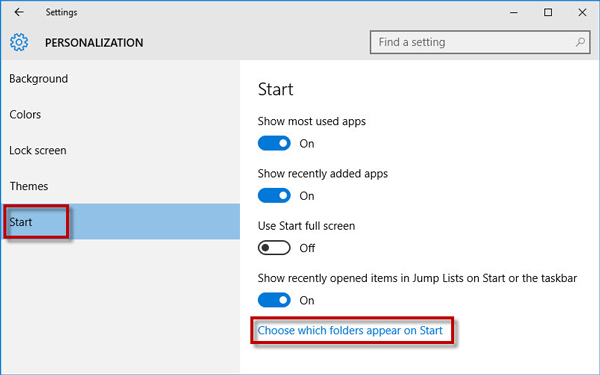 Choose which folders appear on Start