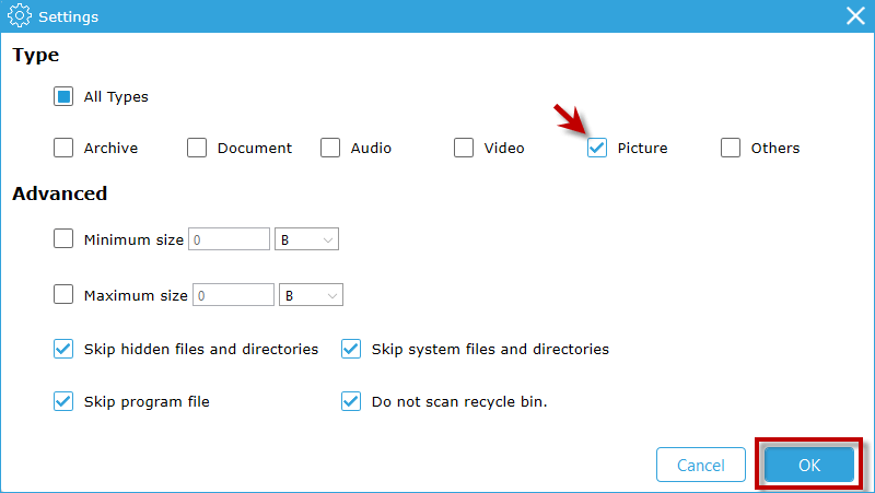 choose to scan pictures in scanning settings