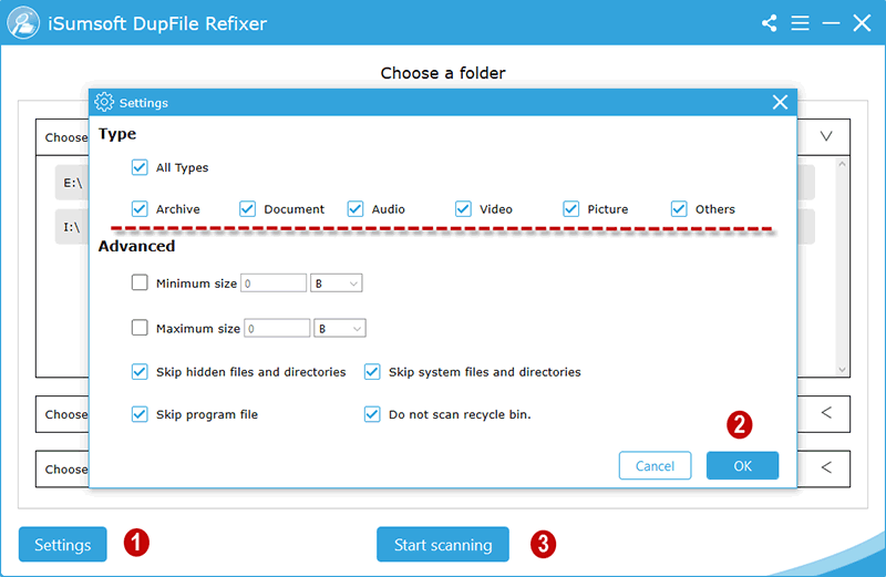 manage scan settings to find duplicate files