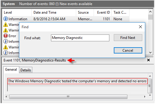 Memory Diagnostic results 