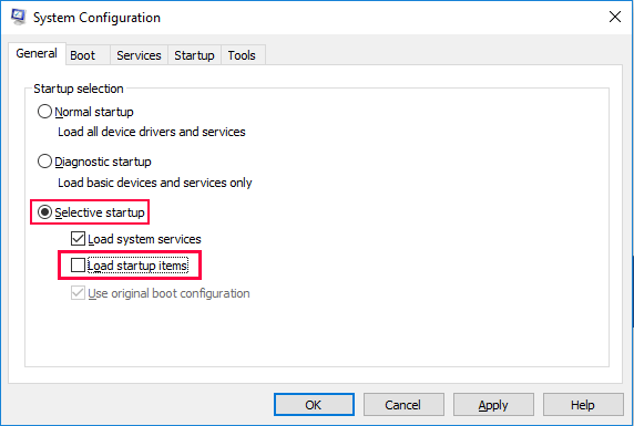 uncheck load startup items