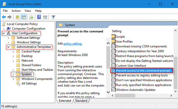 Double-click Prevent access to the command prompt