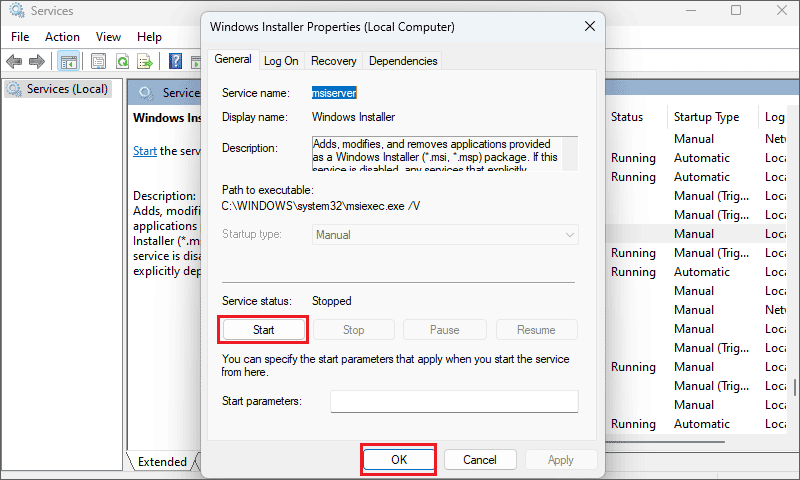 start windows installer service