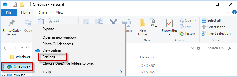 enter OneDrive Settings