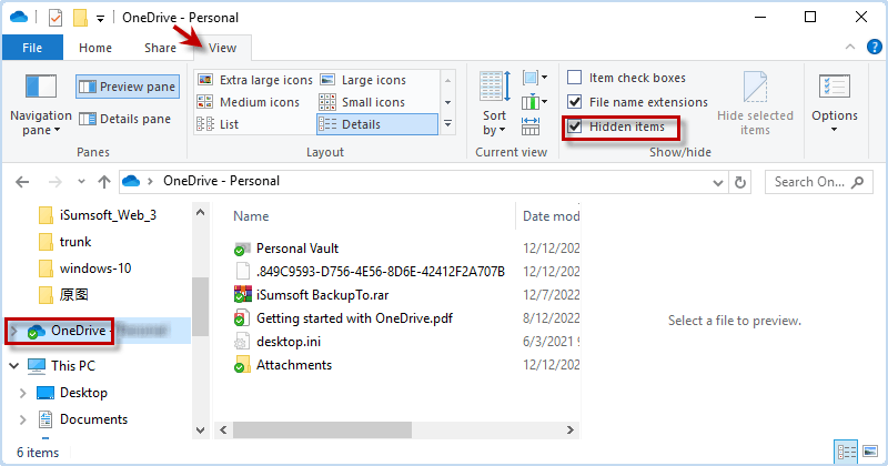 unhide hidden files in OneDrive