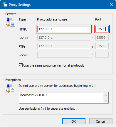 Enter proxy ID address and port