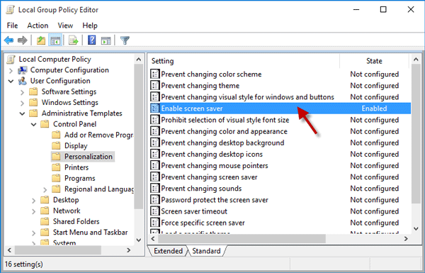 Double click Enable screen saver setting