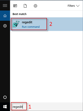 Search regedit in start