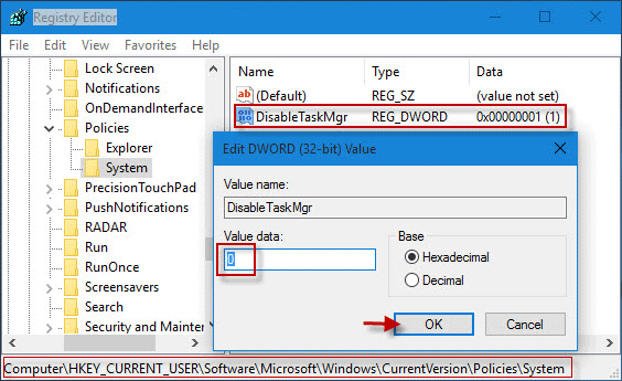 Change DisableTaskMgr value data