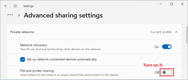 toggle on file and printer sharing