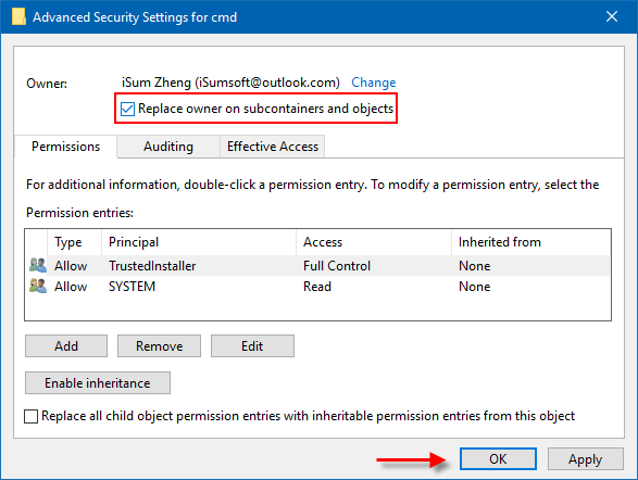 Check the Replace owner on objects option