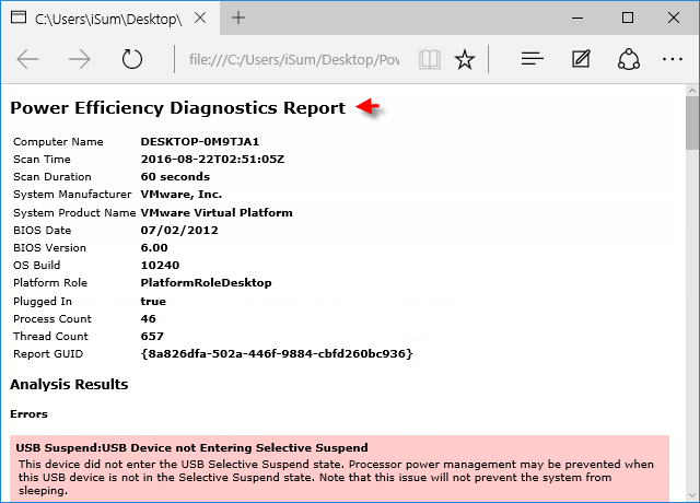 Display Power Efficiency Report in default web browser