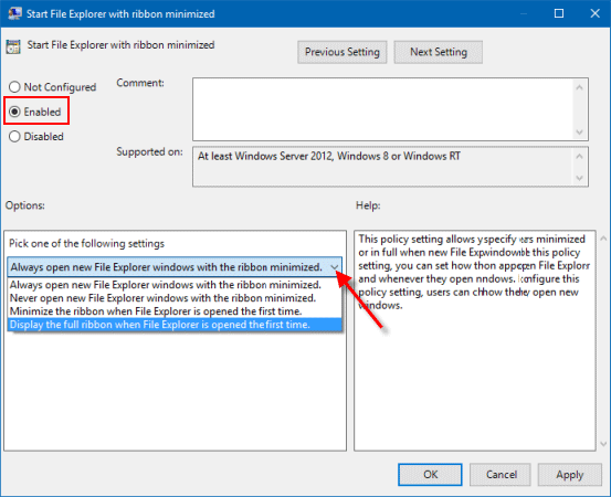 Enable start File Explorer with Ribbon mnimized