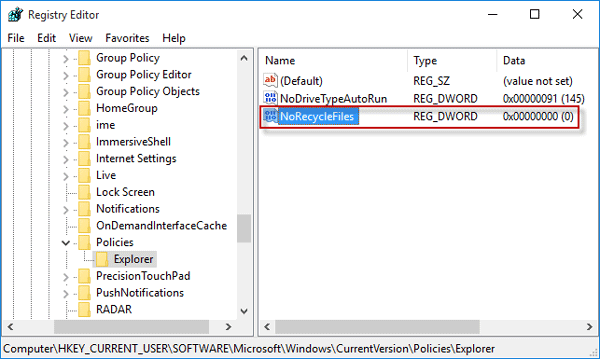 Create NoRecycleFiles value