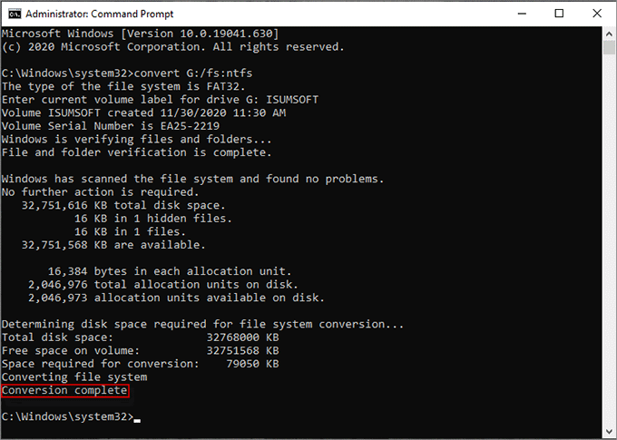 convert to NTFS successfully