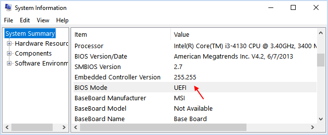 See the BIOS MODE value