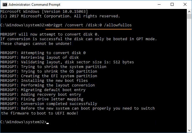 Convert MBR TO GPT WITH MBR2GPT command