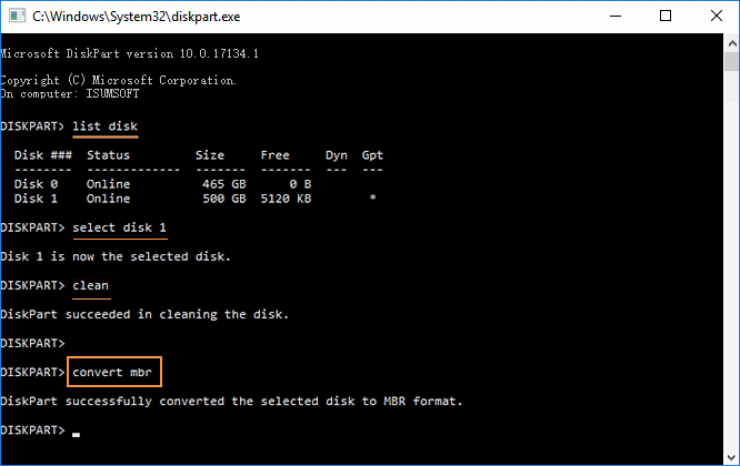 Convert between MBR and GPT with Diskpart.exe