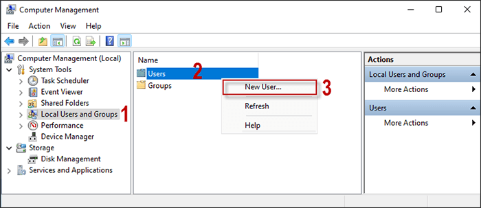 enter  Computer Management > Local Users and Groups, right-click User and choose New User 