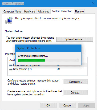 Creating system restore point