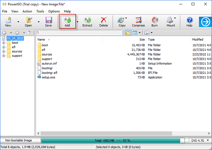 Choose Add option to add the folder needed to create ISO
