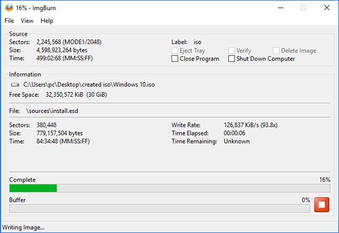 ImgBurn begins creating ISO image from chosen folder