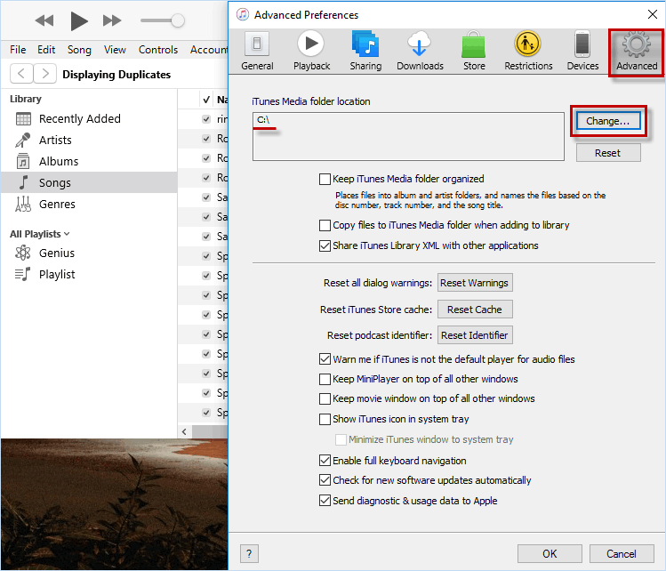 click Advanced > Change to change iTunes  media folder locaiton