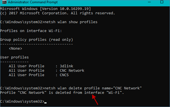 profile cnc network is deleted from interface wifi