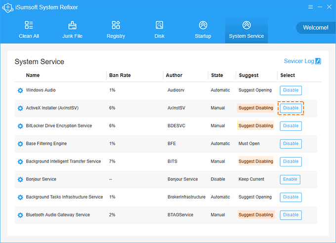 Disable Unnecessary Services via iSumsoft System Refixer