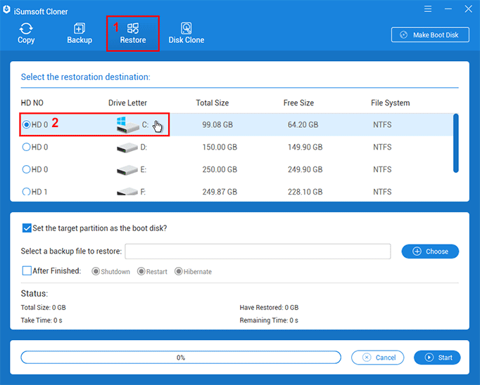 click Restore and select OS drive as the restoration destination drive