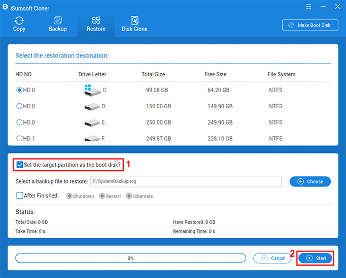 click Start to start restoring Windows 10