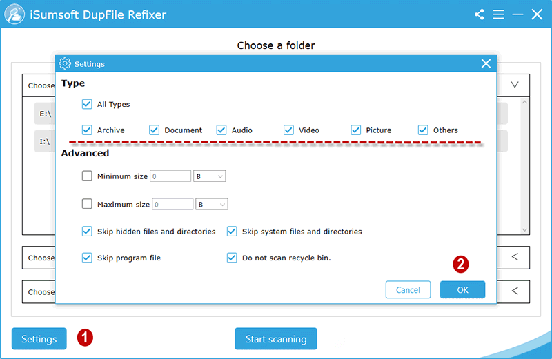 customize scan settings in iSumsoft DupFile Refixer