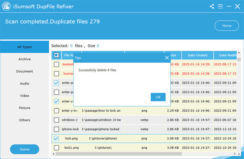 successfully delete duplicate files