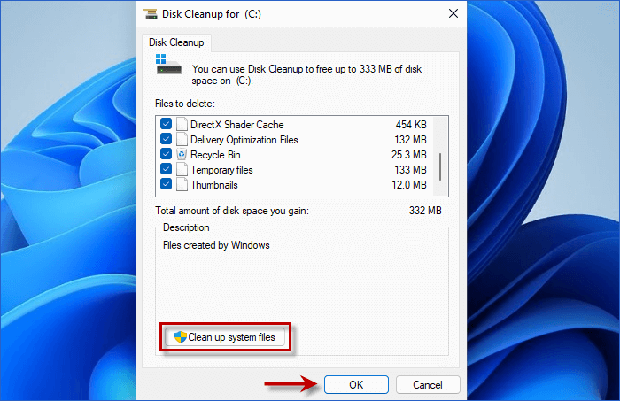  Click on Clean up system files and then click OK button