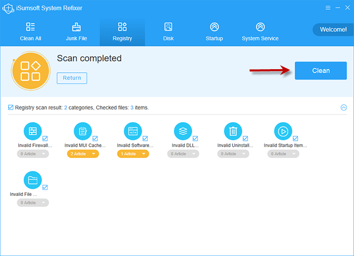 click Clean button to clear invalid registry in iSumsoft System Refixer