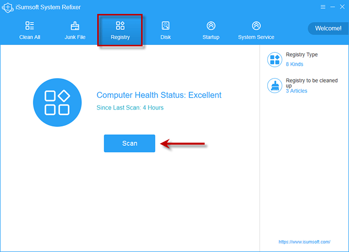 Choose Registry and click Scan button in iSumsoft System Refixer