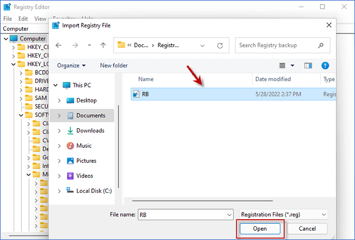 locate and choose registry backup and click Open button