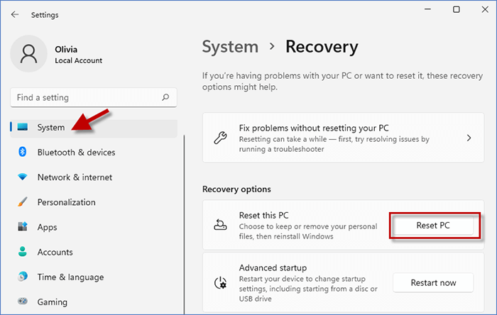 reset PC in the Settigns 