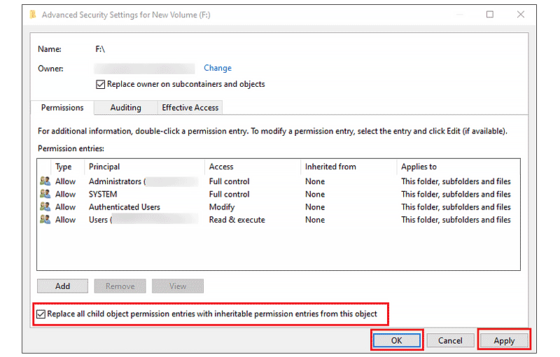 tick replace all child object permission entries