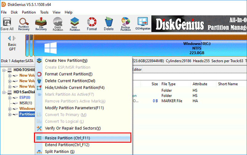 resize partition using diskgenius