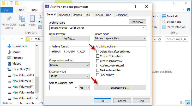 Click Set password in WinRAR