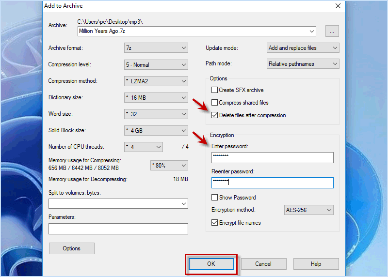 password-protect mp3 audio file in 7-Zip