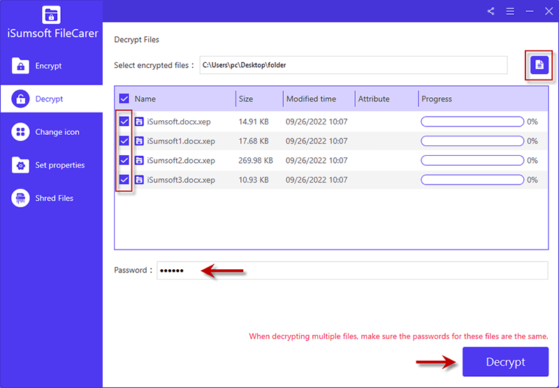 decrypt Word document file with iSumsoft FileCare with a password