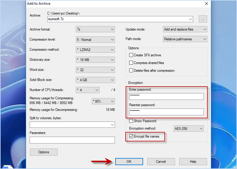 set a password for document file in 7-Zip