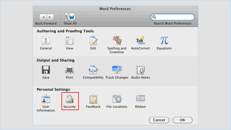 Click File > Preference and select Security option