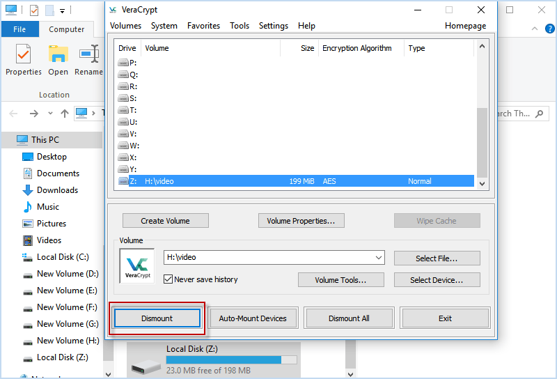 dismount encyrpted file container after adding file to it