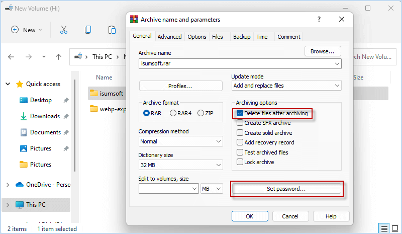 click Set password button in WinRAR