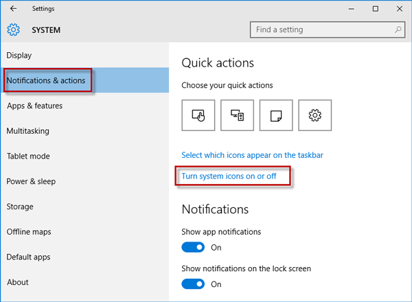 Click Turn system icons on or off