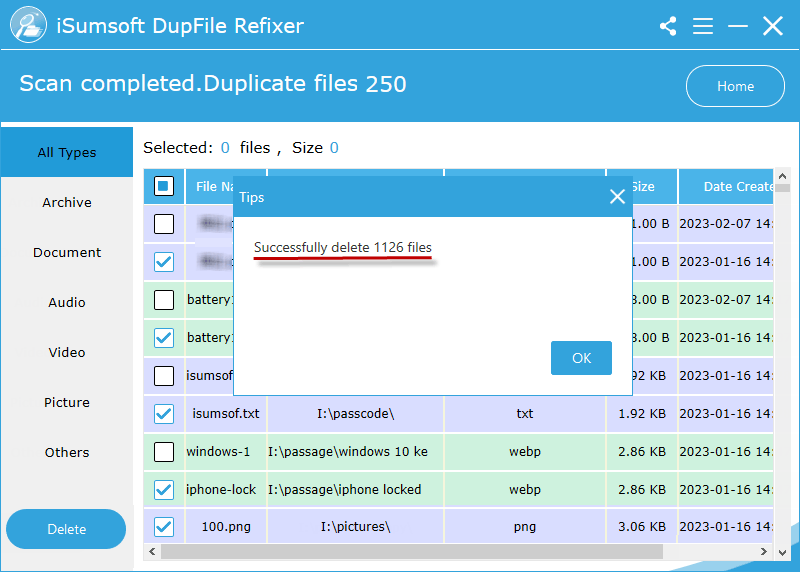 successfully delete duplicate files in one click