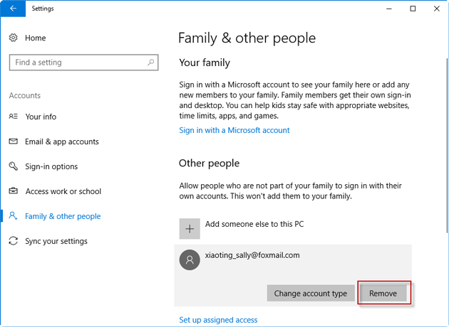 click remove under microsoft account